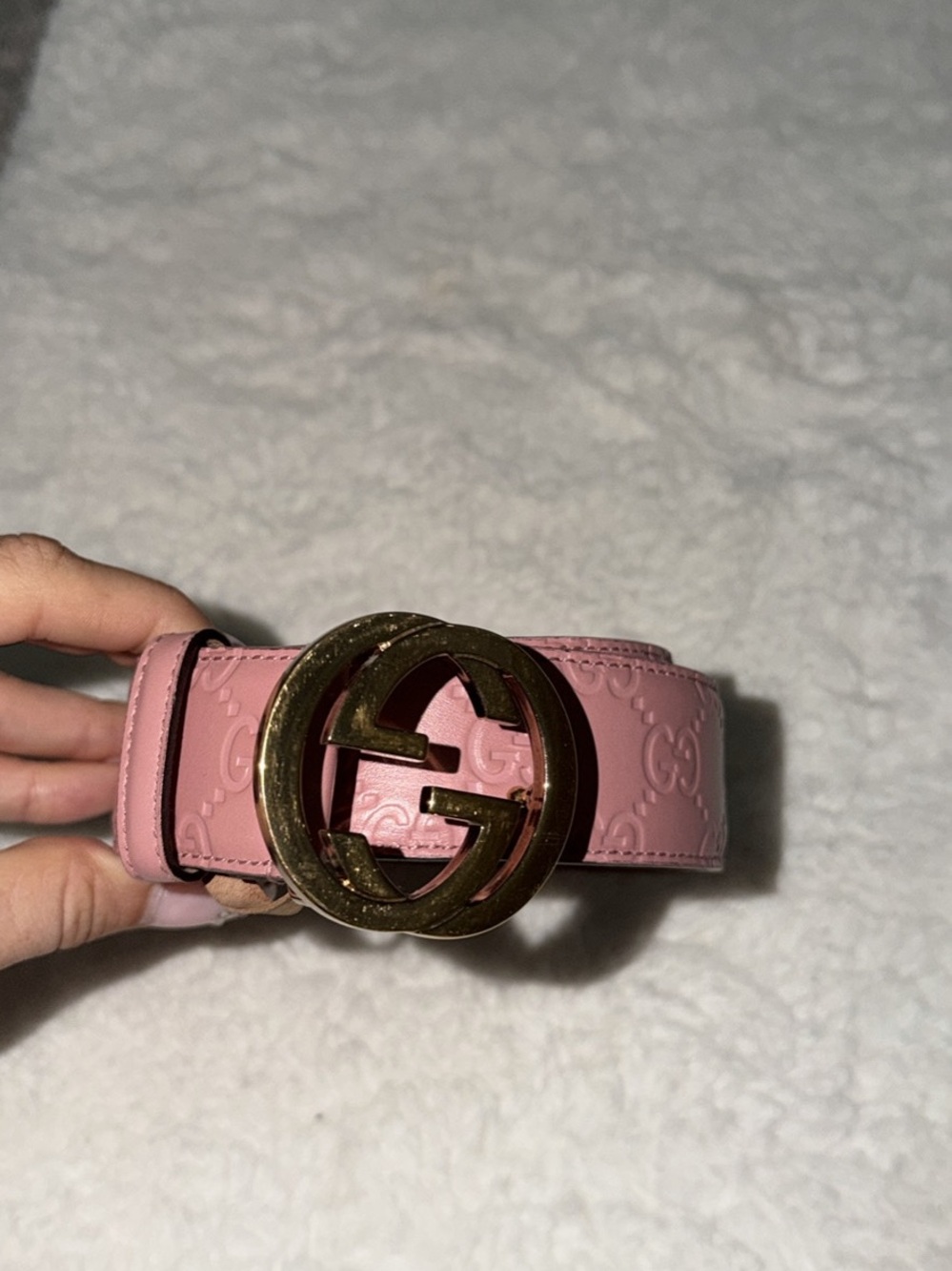 Gucci Embossed Pink Leather Belt with Interlocking G Motif - Picture 3 of 5